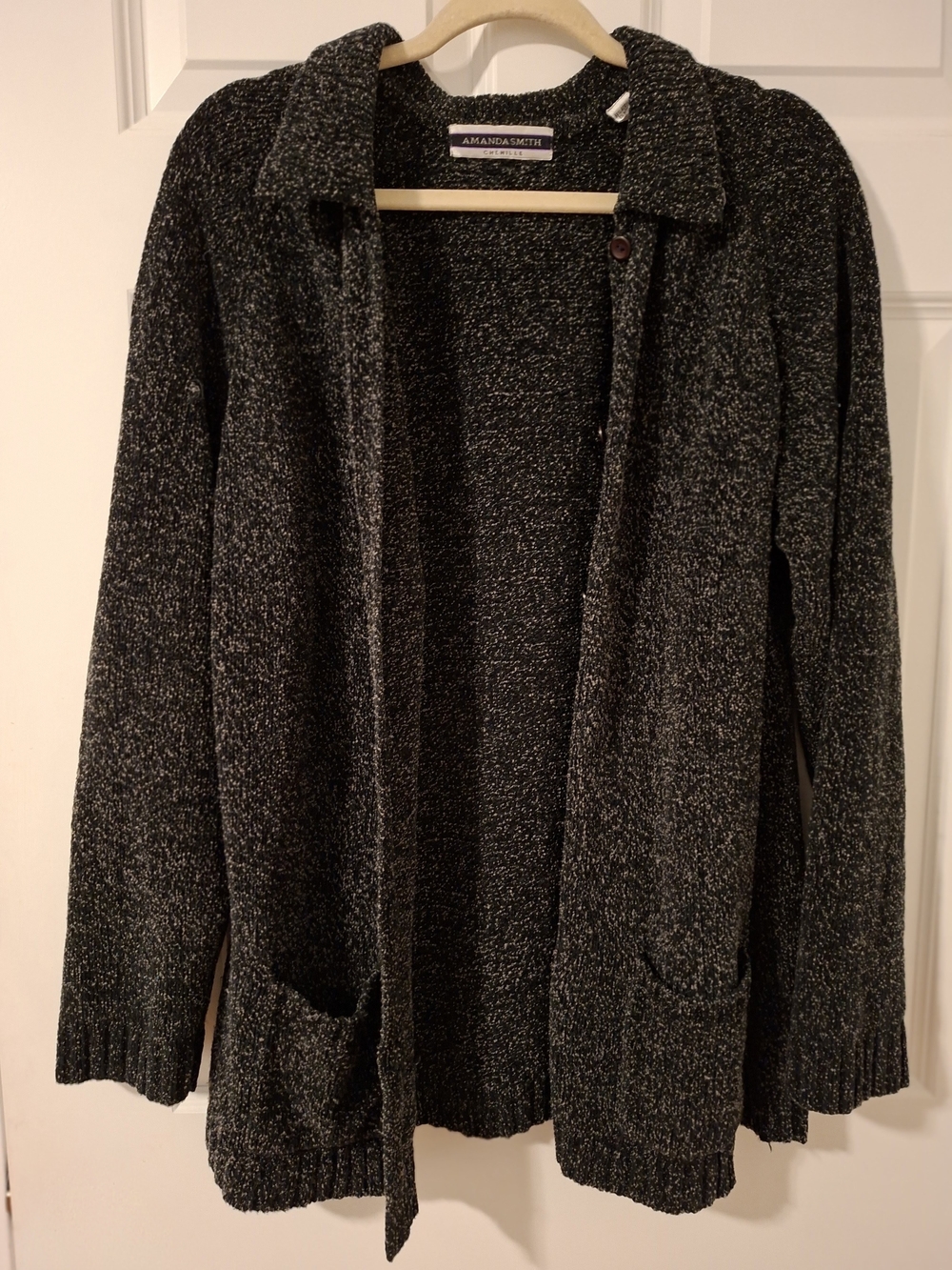 Vintage 90s Amanda Smith Black Marled Chenille Cardigan Sweater, Size L